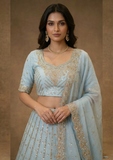 Pastel Blue Embroidered Lehenga Set with Net Dupatta