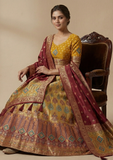 Mustard Yellow with Maroon Dupatta & Multi-Color Design
