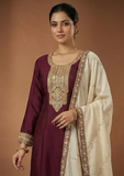 Maroon Straight Suit Set with Embroidered Dupatta