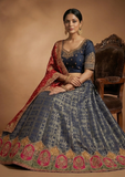 Navy Blue Designer Lehenga Choli with Red Dupatta & Zari Work