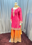 Pink Embroidered Kurta with Orange Palazzo Set