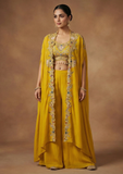 Mustard Crop Top Palazzo Set with Embroidered Cape
