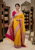 Mustard Yellow Art Silk Saree with Pink Zari Border & Pink Blouse