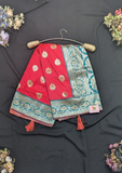 Red Banarasi Silk Saree with Teal Blue Zari Border