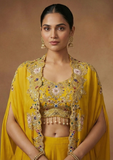 Mustard Crop Top Palazzo Set with Embroidered Cape