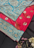Red Banarasi Silk Saree with Teal Blue Zari Border