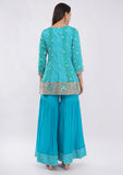 Blue Designer Sharara Suit for Women with Golden Zari Work & Dupatta