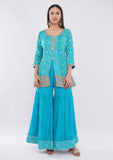 Blue Designer Sharara Suit for Women with Golden Zari Work & Dupatta