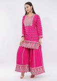 Hot Pink Party Wear Sharara Suit for Women with Golden Zari & Sequence Work