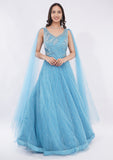 Elegant Sky Blue Designer Net Gown with Sequin Handwork