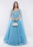 Elegant Sky Blue Designer Net Gown with Sequin Handwork