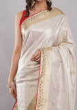 Cream Self Design Silk Saree with Golden Stone Work Border