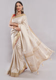 Cream Self Design Silk Saree with Golden Stone Work Border