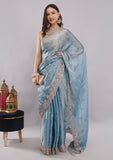 Sky Blue Fandy Silk Saree with Handwork Border