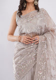 Mouse Grey Heavy Net Saree with Handwork Jaal & Designer Border
