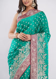 Sea Green Banarasi Silk Saree with Hot Pink Zari Border & Designer Pallu