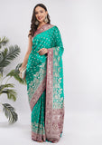 Sea Green Banarasi Silk Saree with Hot Pink Zari Border & Designer Pallu