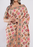 Multicolour Silk Pashmina Designer Saree with Ornate Border & Stitched Blouse