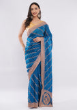 Teal Blue Fandy Silk Saree with Stone Work Border