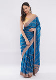 Teal Blue Fandy Silk Saree with Stone Work Border