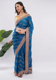 Teal Blue Fandy Silk Saree with Stone Work Border