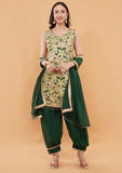 Mehndi Green Afghani Salwar Suit with Floral Print & Sequins Work With Dupatta