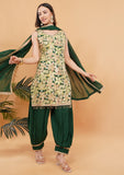 Mehndi Green Afghani Salwar Suit with Floral Print & Sequins Work With Dupatta