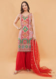 Red & Pink Designer Sharara Suit With Sequins & Handwork With Dupatta