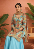 Turquoise Ethnic Printed Kurta Sharara Set