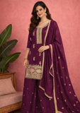 Wine Purple Embroidered Kurta Sharara Set