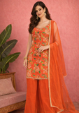 Orange Floral Embroidered Kurta Palazzo Set