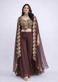 Maroon & Gold Embroidered Indo-Western Palazzo Set with Cape Dupatta